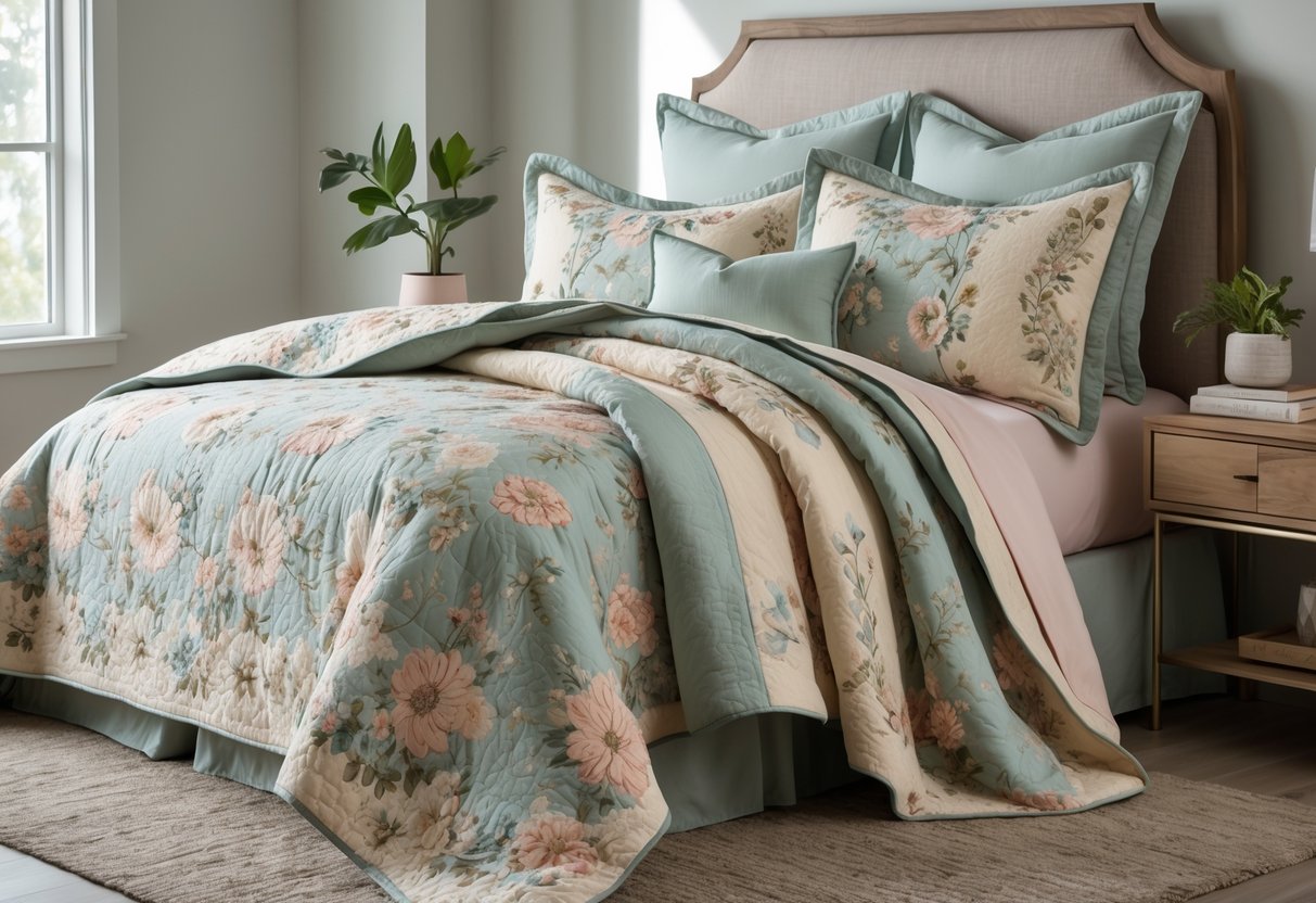 v2 17lg1j d3km8 A neatly made bed with floral patterned bedding in a bright bedroom with natural light and simple wooden furniture.