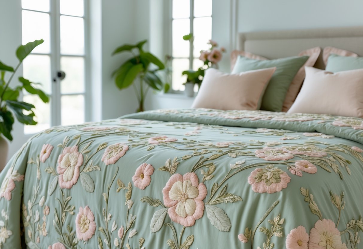 v2 17lg2a A neatly made bed with an embroidered floral bedspread in a bright bedroom with natural light and plants.