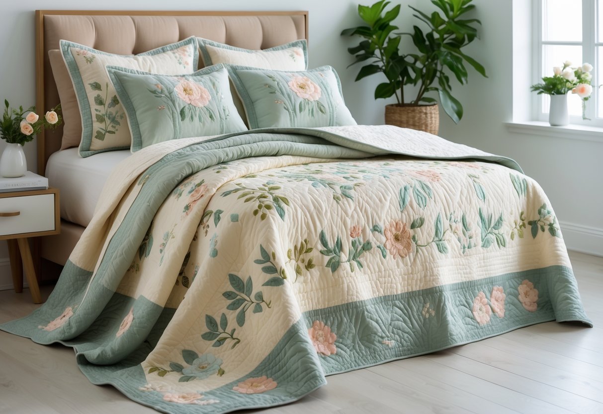 v2 17lg2n rsywd A bed with a floral patterned quilt and matching pillows in a bright bedroom with natural light and plants.