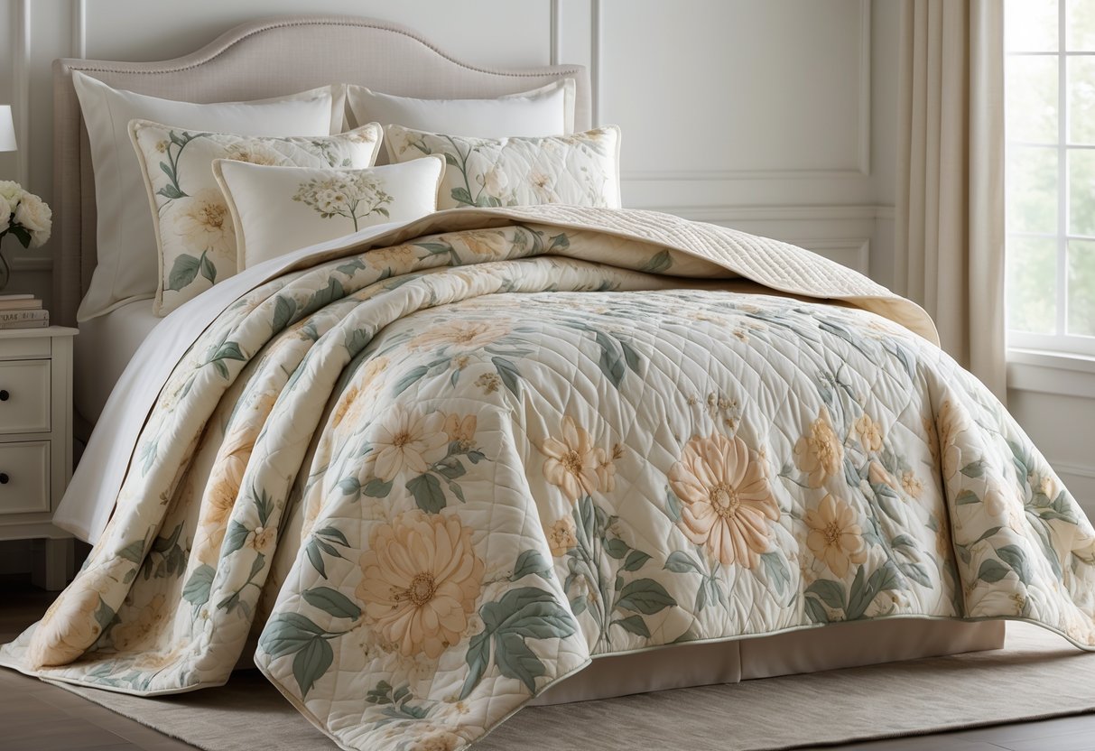 v2 17lg33 d1bjs A neatly made bed with a quilted floral comforter featuring delicate pastel flowers in a softly lit bedroom.