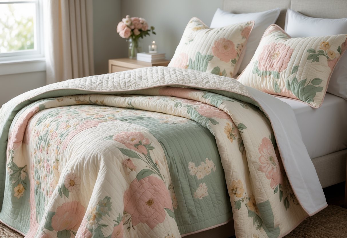 v2 17lg3r A neatly made bed with a quilted floral coverlet in soft pastel colors, bathed in natural light in a calm bedroom setting.