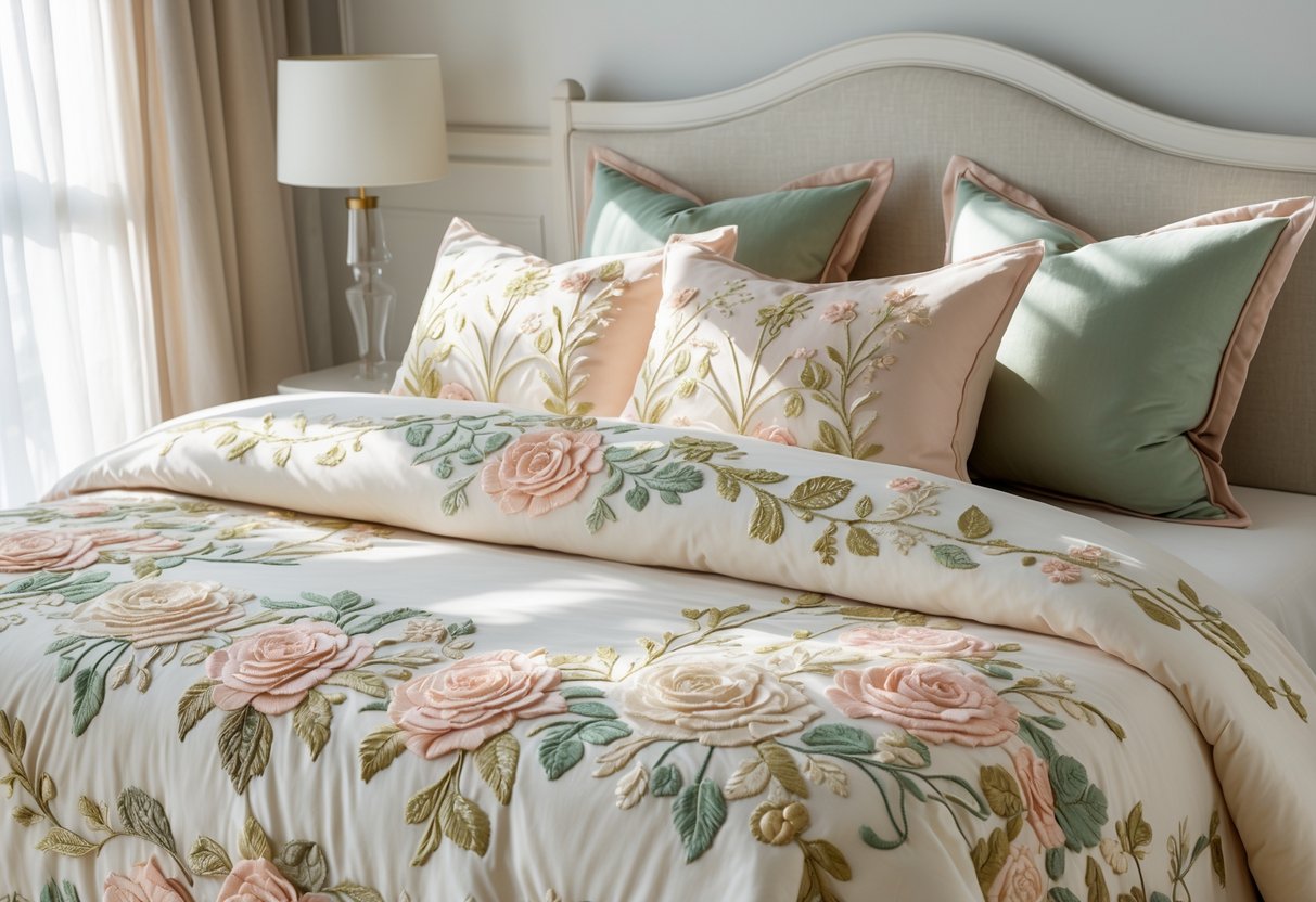 v2 17lg43 l27an A bed covered with an embroidered floral bedspread in a bright bedroom with natural light.