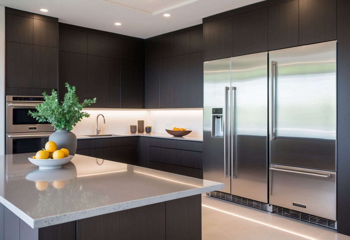 v2 17lgaz r04yc A modern kitchen with built-in Subzero refrigerator and freezer units, a large island, and elegant cabinetry.