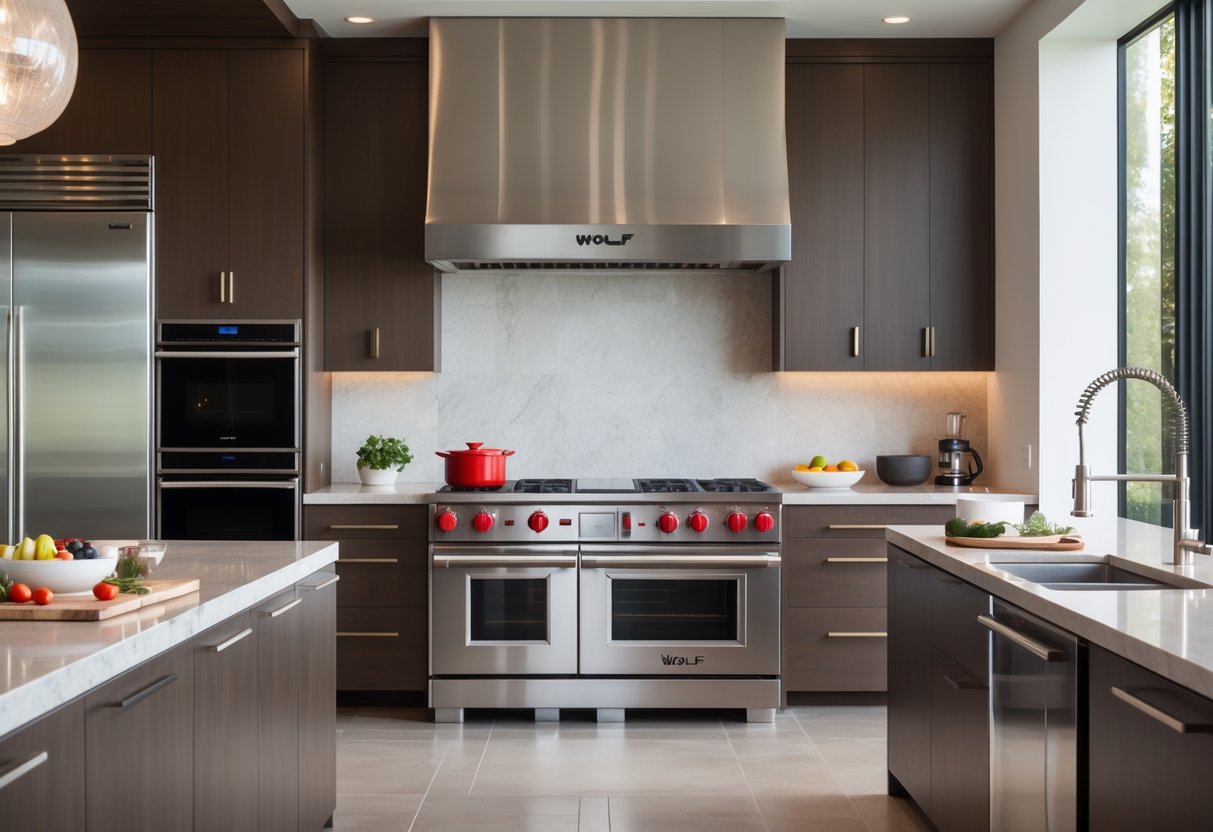 v2 17lgbs A modern kitchen with a stainless steel dual fuel range and built-in appliances, featuring stone countertops and natural light.