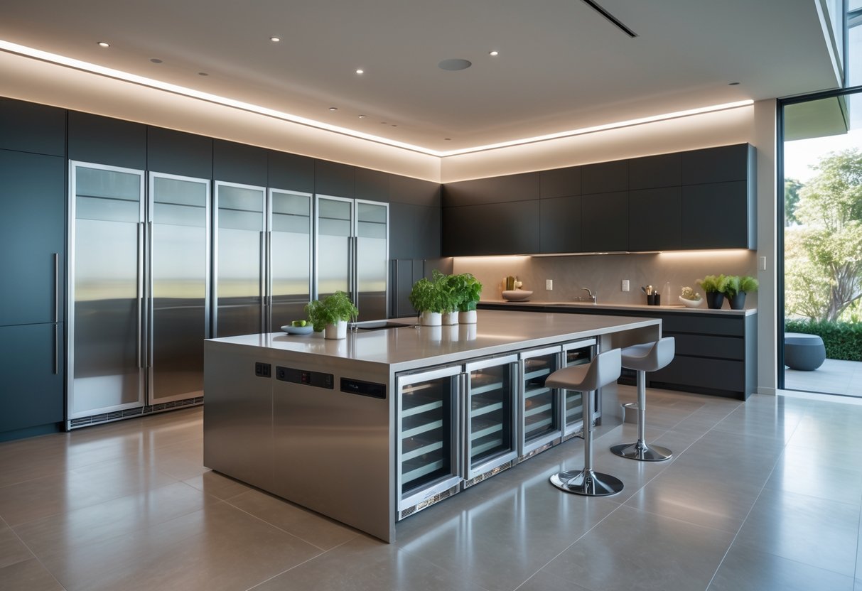 v2 17lgcl A spacious modern kitchen with multiple stainless steel refrigerator panels integrated into the cabinetry and a large island in the center.