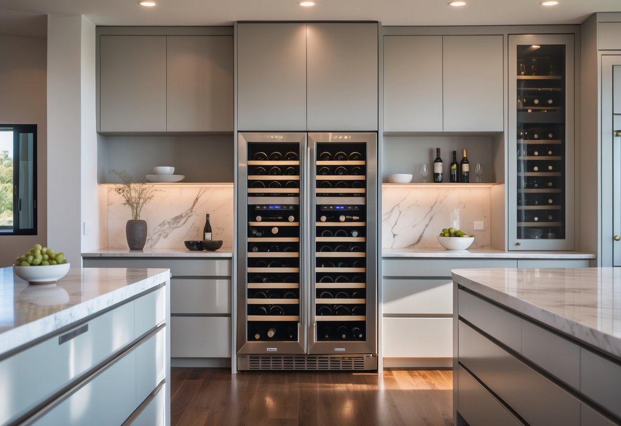 v2 17lgde fhlsp Modern kitchen with built-in wine storage unit filled with wine bottles, elegant countertops, and stainless steel appliances.