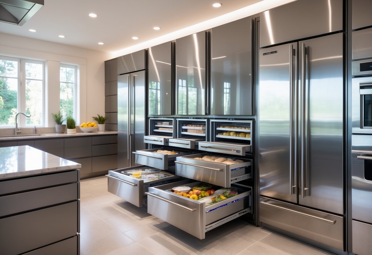 v2 17lge2 A modern kitchen with multiple built-in freezer drawers and stainless steel appliances.