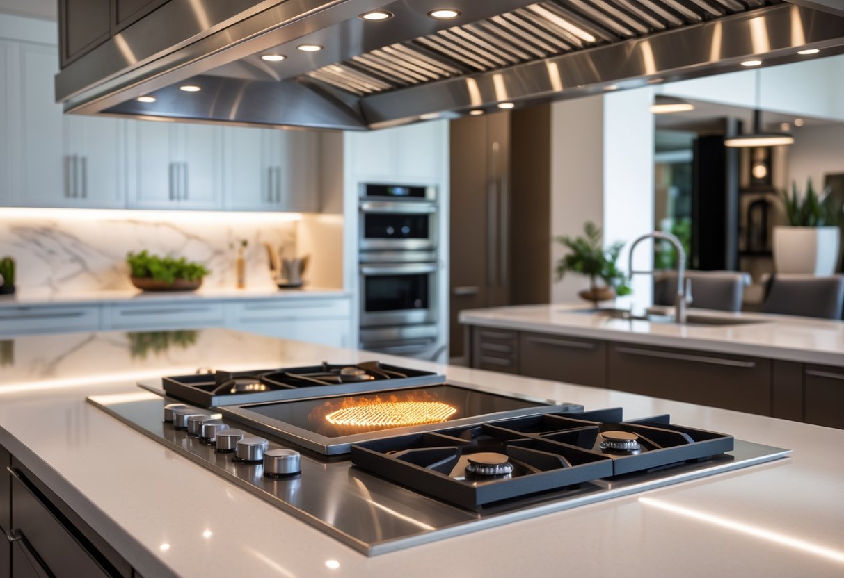 v2 17lgef eqkvq A modern kitchen featuring a Wolf Rangetop with an infrared burner on a sleek countertop surrounded by stainless steel appliances and elegant cabinetry.