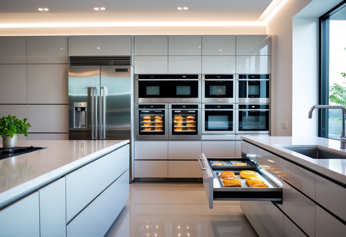 v2 17lgeq su0ye A modern kitchen with a Sub-Zero vacuum seal drawer open, surrounded by multiple high-end appliances and elegant countertops.