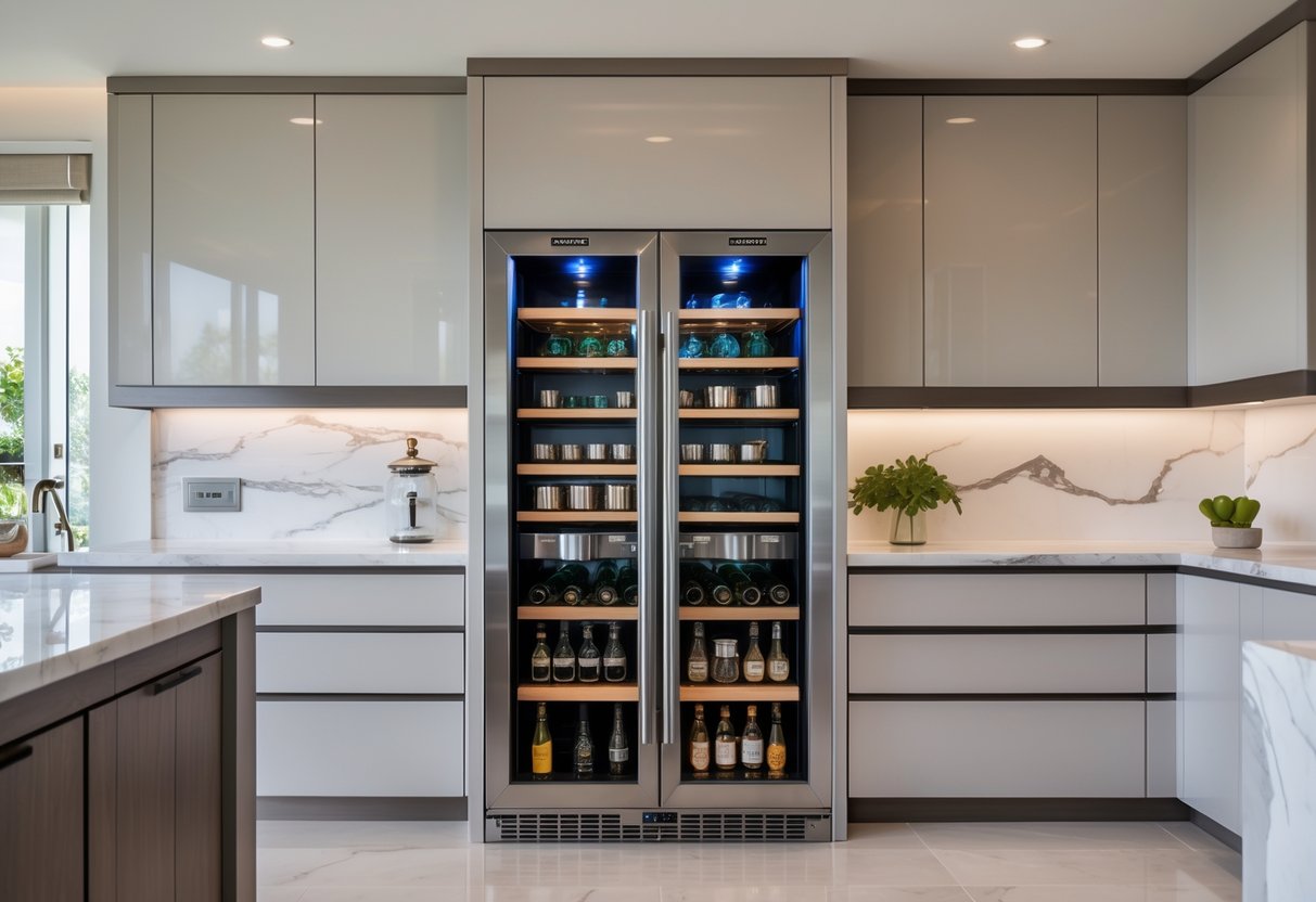 v2 17lgff 0jkct A modern kitchen with a built-in Sub-Zero beverage center showing bottles inside, surrounded by polished countertops and cabinetry.