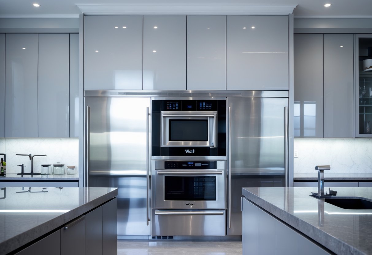 v2 17lgfr rpnpg A modern kitchen with a built-in convection microwave surrounded by sleek cabinetry and stone countertops.