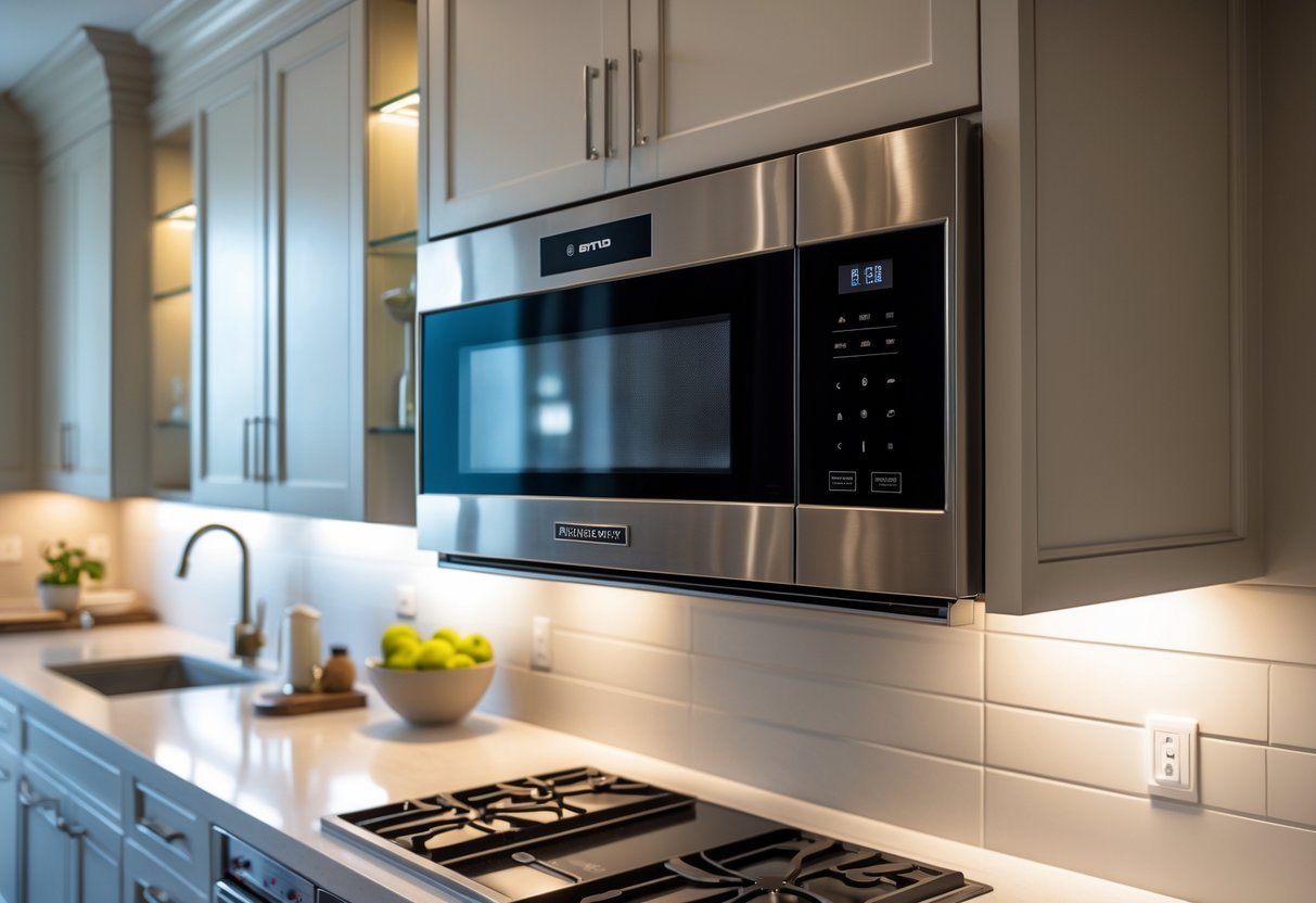 v2 17lgg4 g5min A modern kitchen with a Sub-Zero over-the-range microwave installed above a stovetop, surrounded by elegant cabinetry and kitchen accessories.