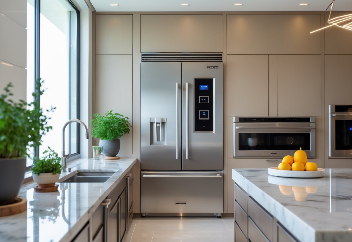 v2 17lggw A modern kitchen with a large stainless steel refrigerator integrated into custom cabinets, marble countertops, and natural light coming through windows.