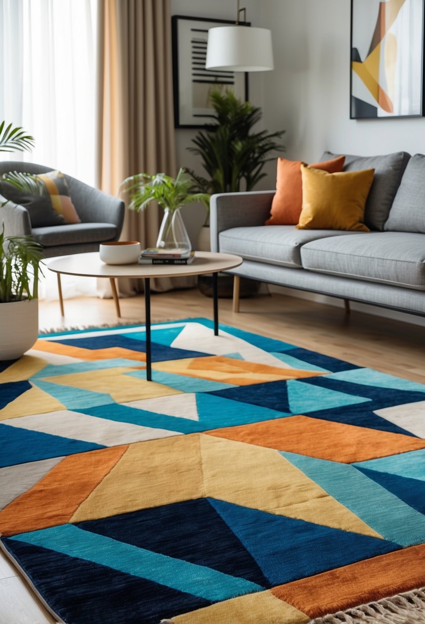 v2 17naa5 ryovg A modern living room with a sofa, coffee table, plants, and bold patterned rugs on the floor.