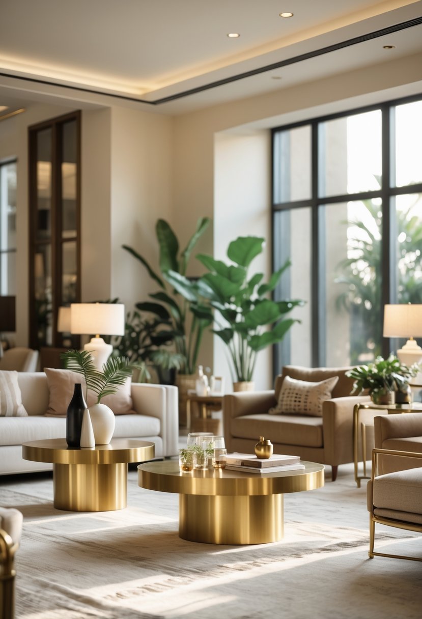 v2 17naau A bright living room with sofas and brass accent coffee tables decorated with plants and books.