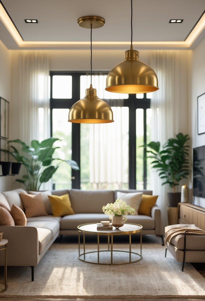 v2 17nabs f71em A living room with warm brass pendant lights hanging from the ceiling, a sofa, coffee table, and plants.