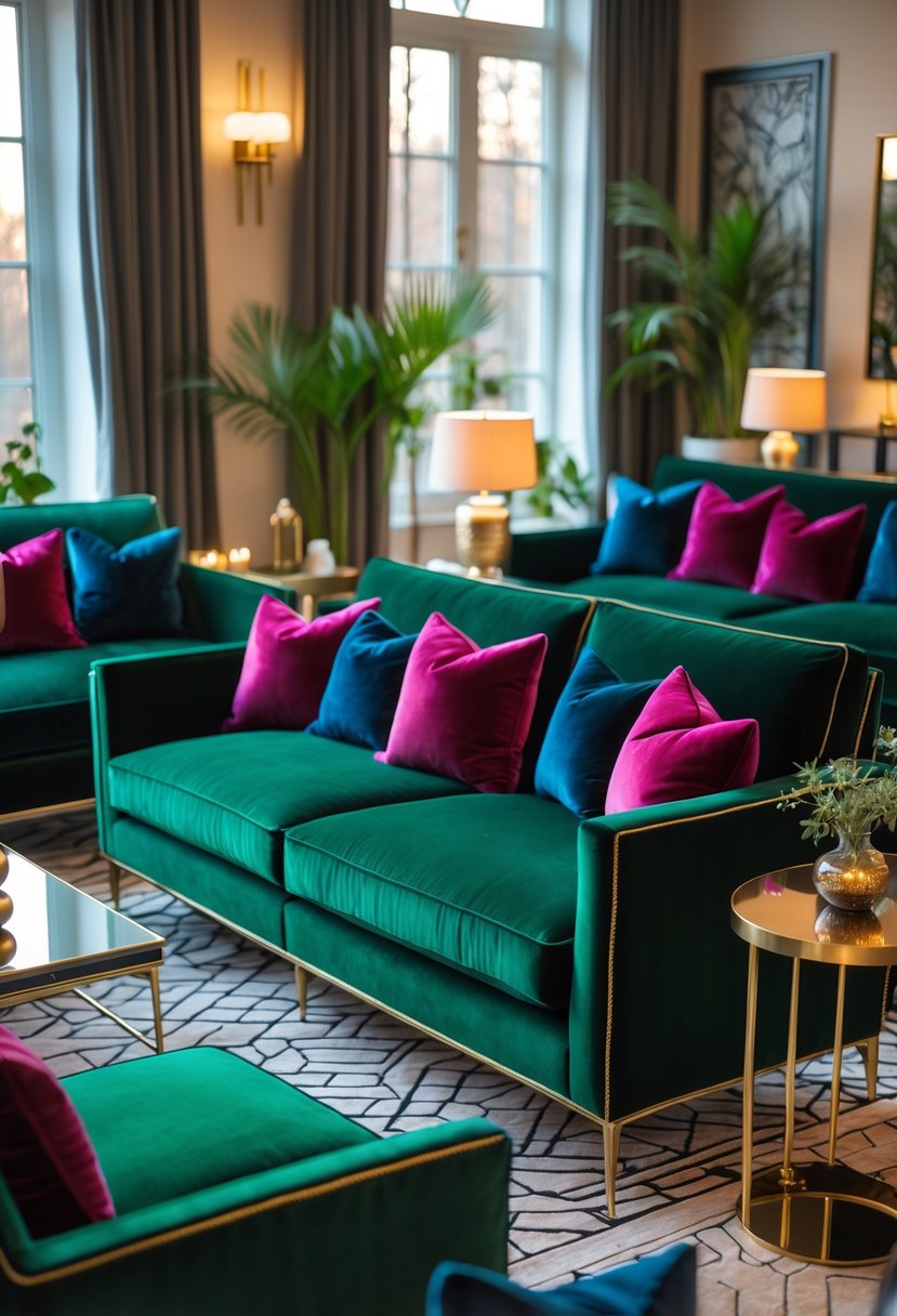 v2 17nacb j5s47 A living room with several colorful velvet sofas arranged around a coffee table, with natural light coming through large windows.