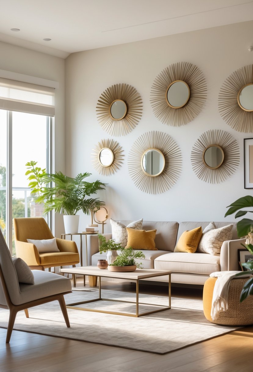 v2 17naco lvnvm A bright living room with a sofa, chairs, coffee table, and multiple decorative sunburst mirrors on the walls.
