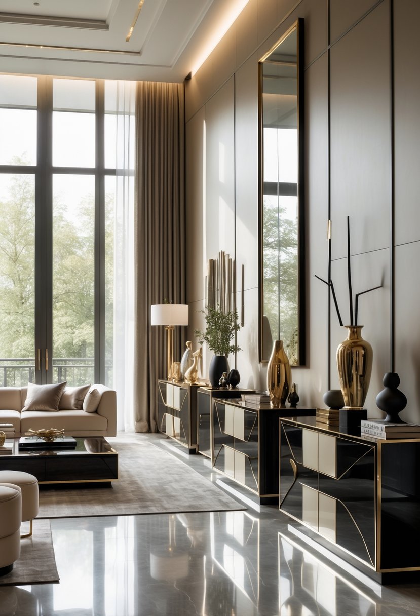 v2 17nad3 A well-lit living room with multiple lacquered sideboards, decorative items, and comfortable seating arranged neatly.