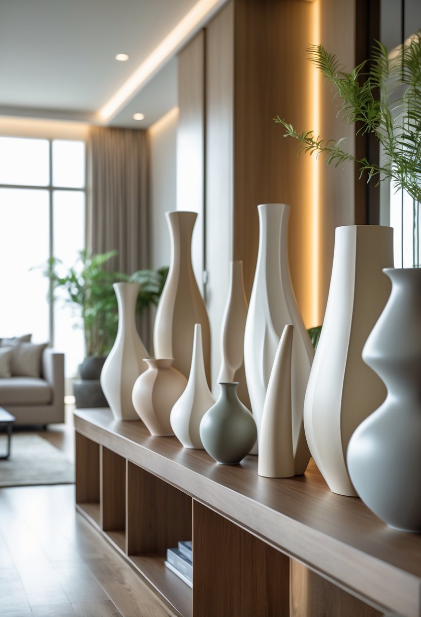 v2 17nadh 4755k A collection of ceramic vases displayed on a wooden table in a living room with a sofa and plants in the background.