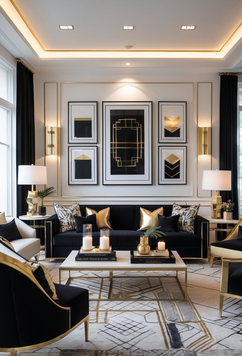 v2 17nae9 5z6o6 A stylish living room with black and gold framed artwork on the wall, a velvet sofa, accent chairs, a coffee table with decorative items, and large windows letting in natural light.