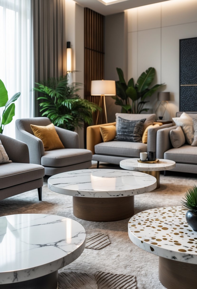 v2 17nafv prnji A modern living room with several marble and terrazzo coffee tables surrounded by sofas, chairs, plants, and decorative accents.