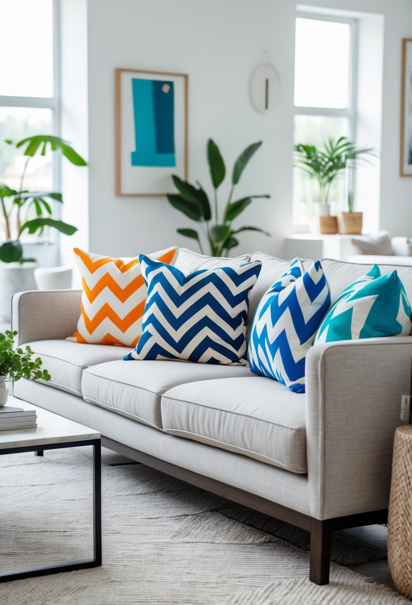 v2 17nagc muo2o A living room with a sofa adorned with bold zigzag patterned throw pillows, a coffee table with a plant and books, and natural light coming through large windows.