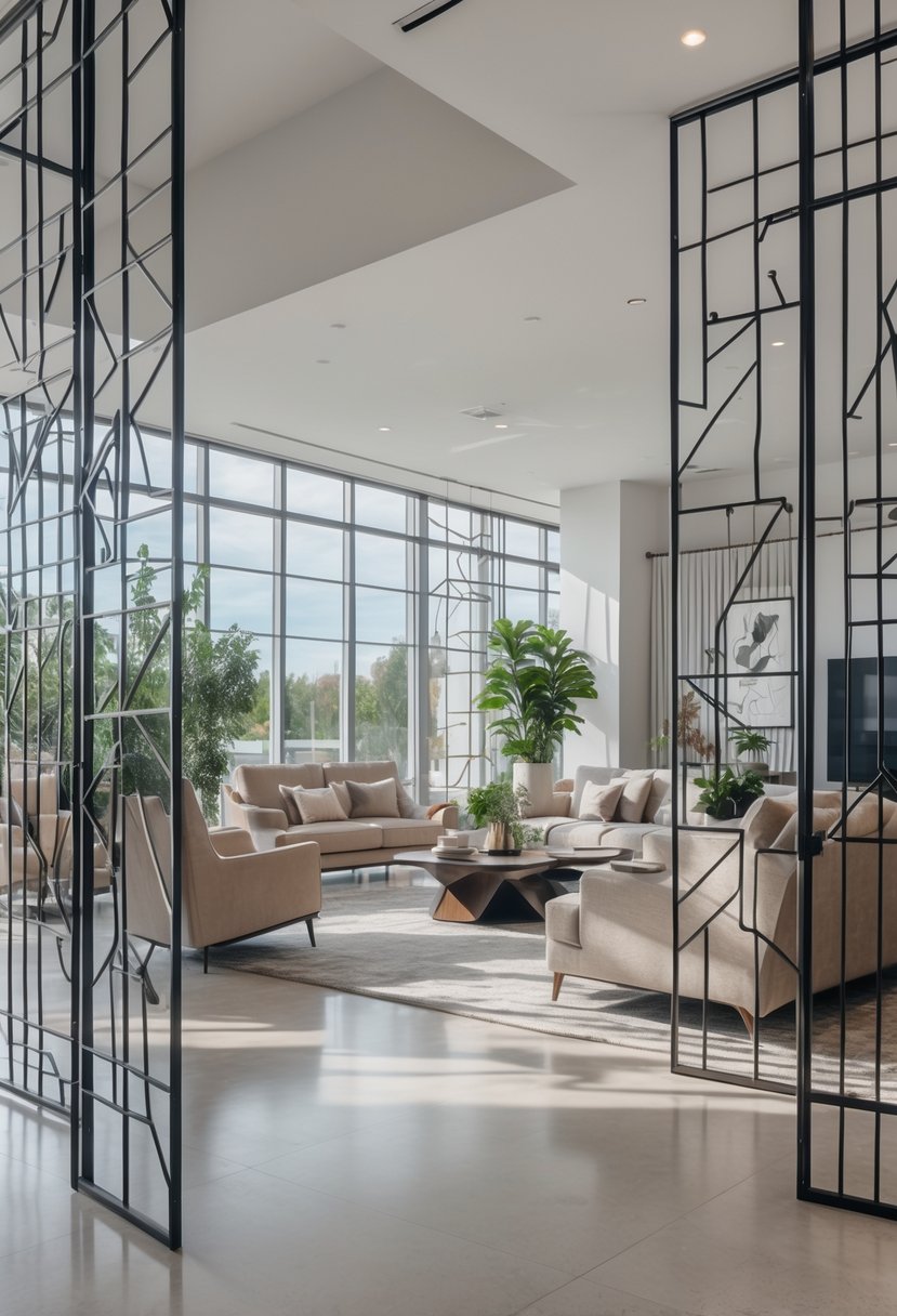 v2 17nagq bqv4s A spacious living room with metal room dividers featuring geometric patterns separating seating areas with sofas, armchairs, and decorative plants.