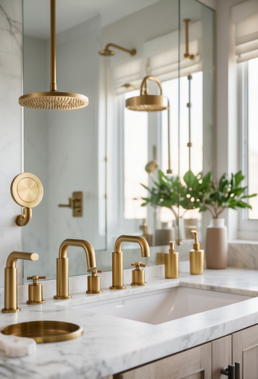 A bathroom with multiple brushed brass fixtures including faucets, showerheads, and towel bars arranged throughout the space.