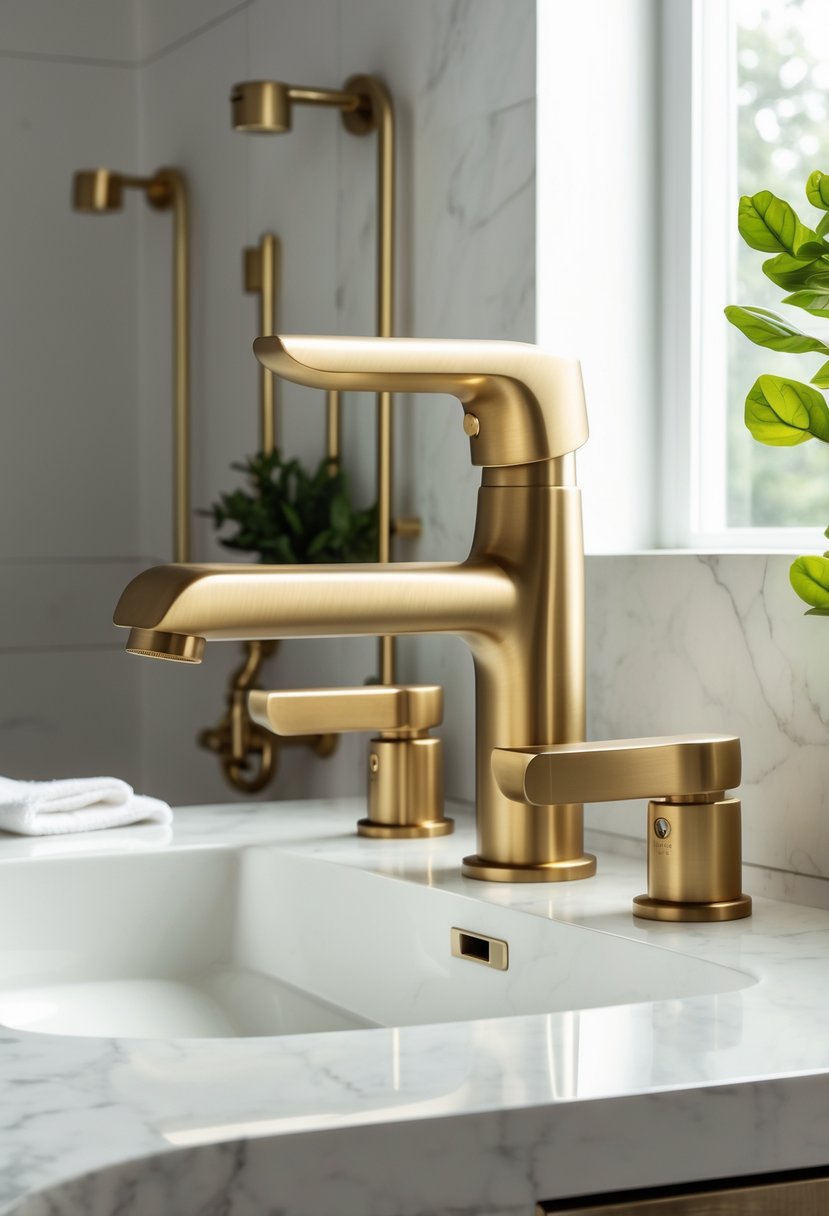 A brushed brass single-hole faucet installed on a white bathroom sink with matching brass fixtures around it in a modern bathroom setting.