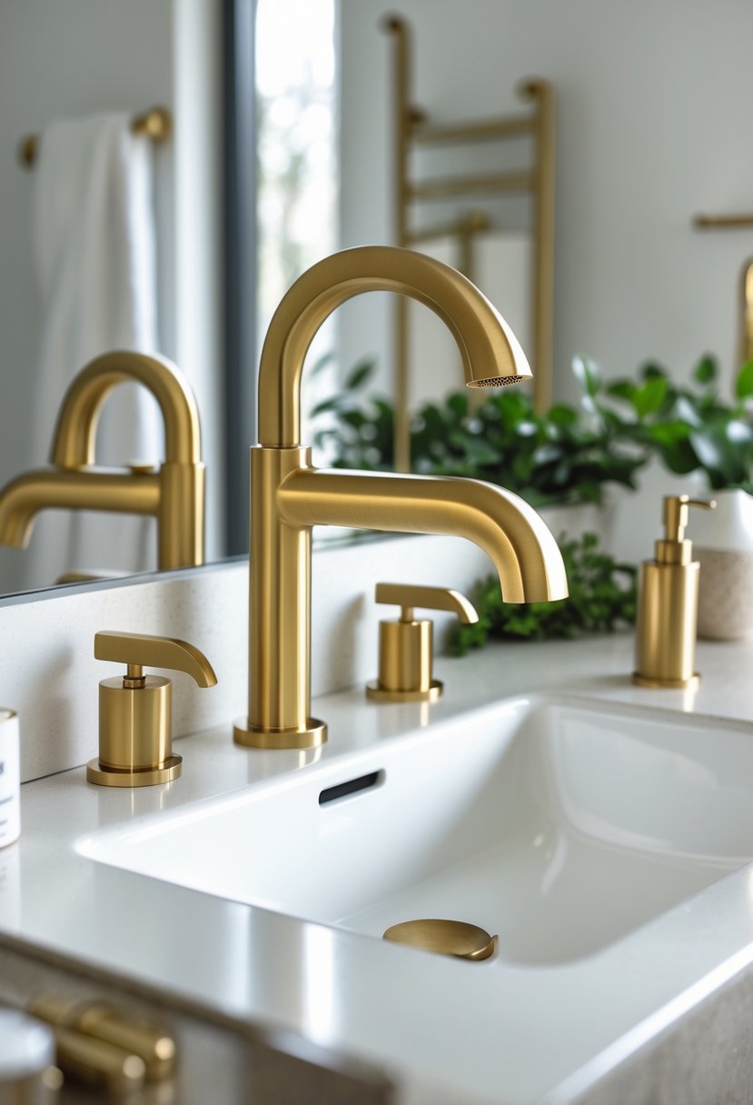 A bathroom sink with a brushed brass faucet and multiple matching bathroom fixtures arranged around it.