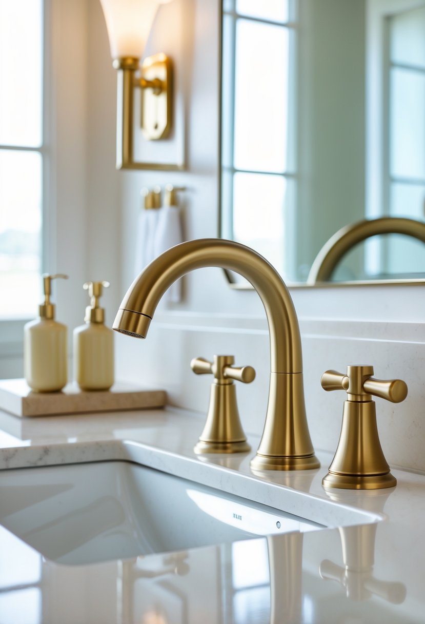 A brushed brass two-handle faucet installed on a bathroom sink with matching brass fixtures around it.