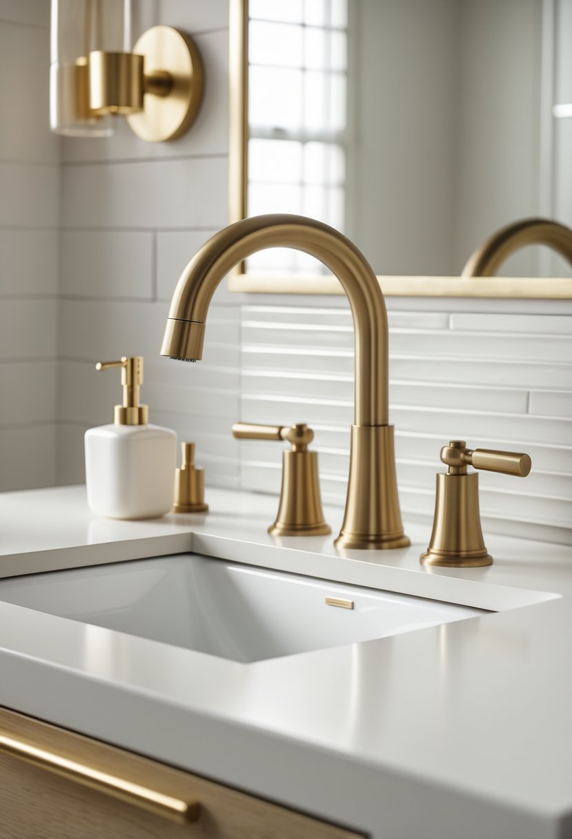 A brushed brass bathroom faucet installed on a white countertop with matching bathroom fixtures and neutral background.