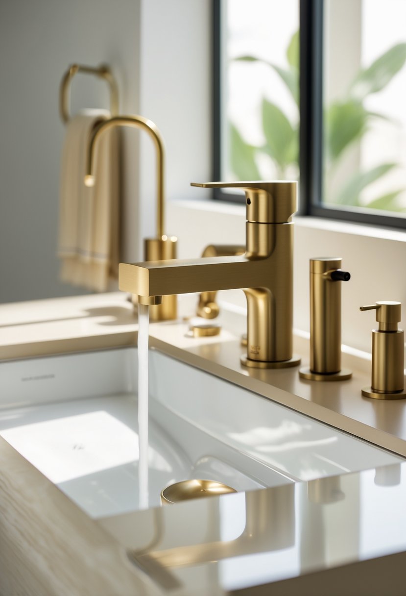 A bathroom sink with a brushed brass faucet and matching fixtures on a white countertop.