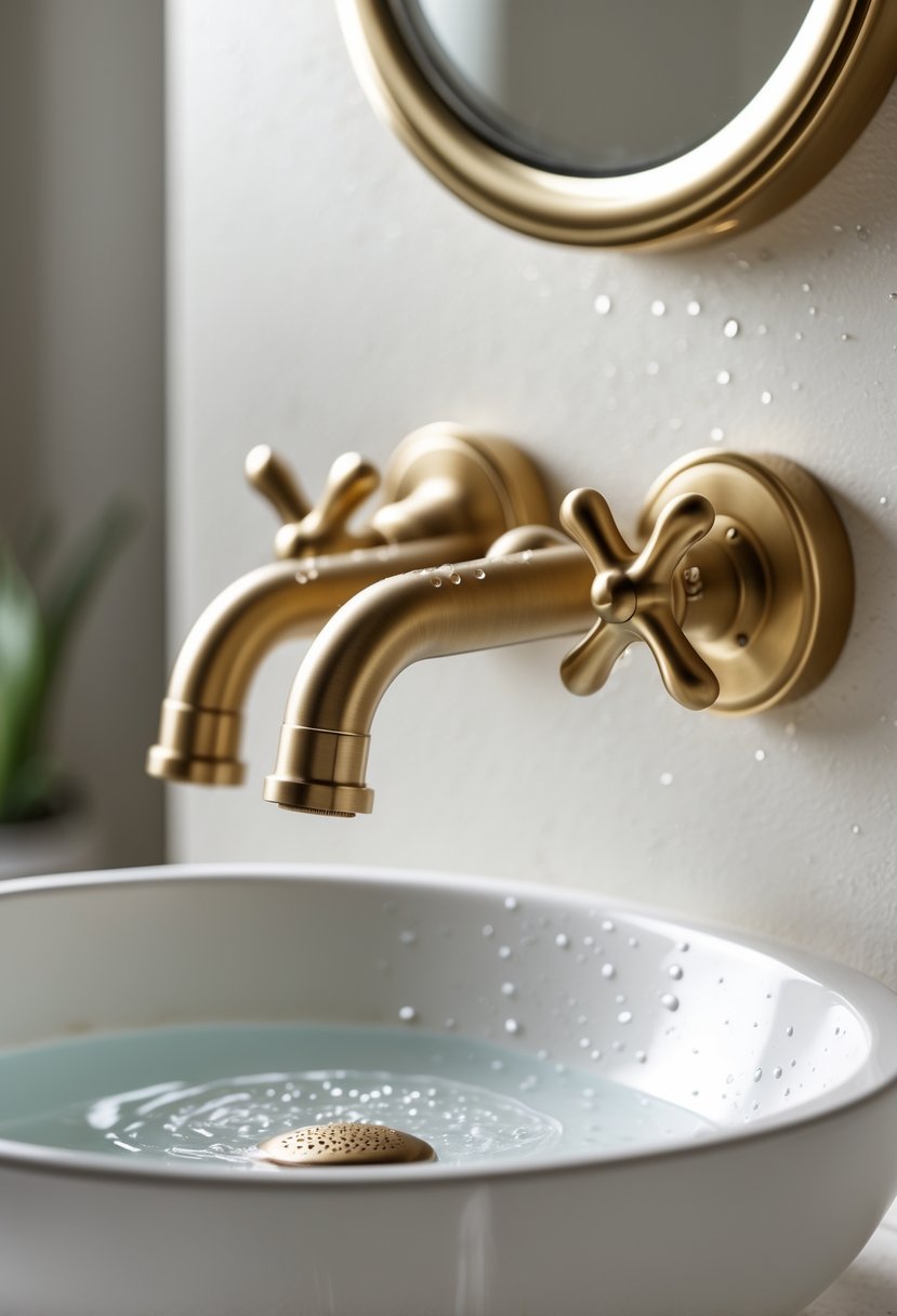 Close-up of a brushed brass wall mount faucet with cross handles installed above a white bathroom sink.