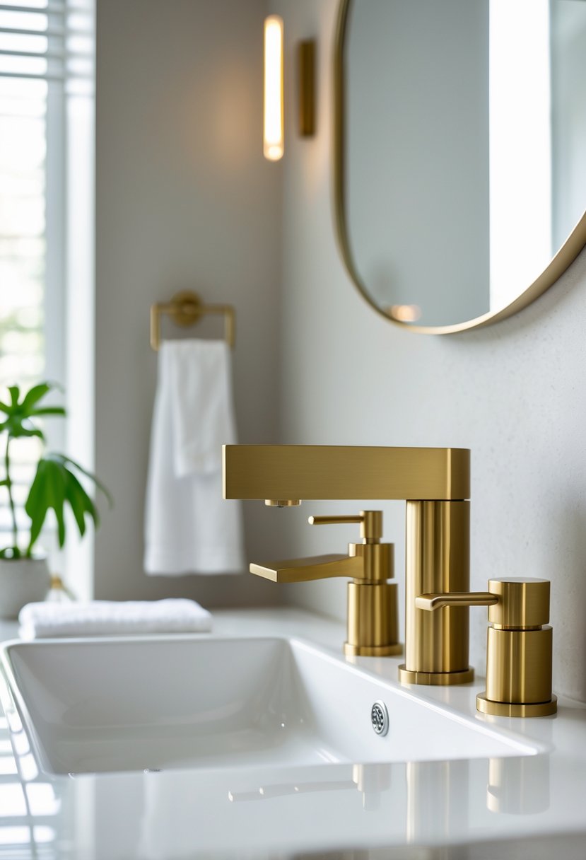 A bathroom sink with a brushed brass faucet and matching fixtures, including handles and towel bars, arranged neatly with a plant and towels nearby.