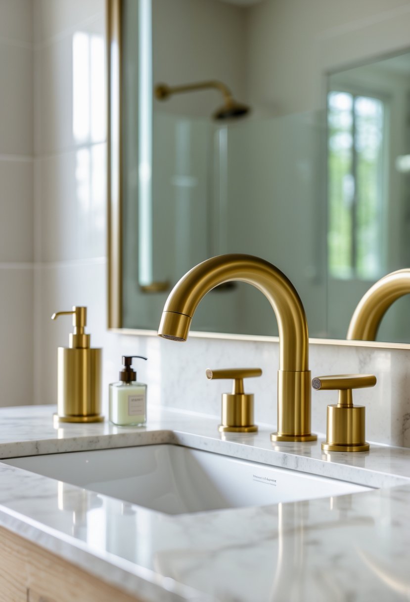 A brushed brass bathroom faucet installed on a white countertop with a soap dispenser and towel holder in a bright bathroom.