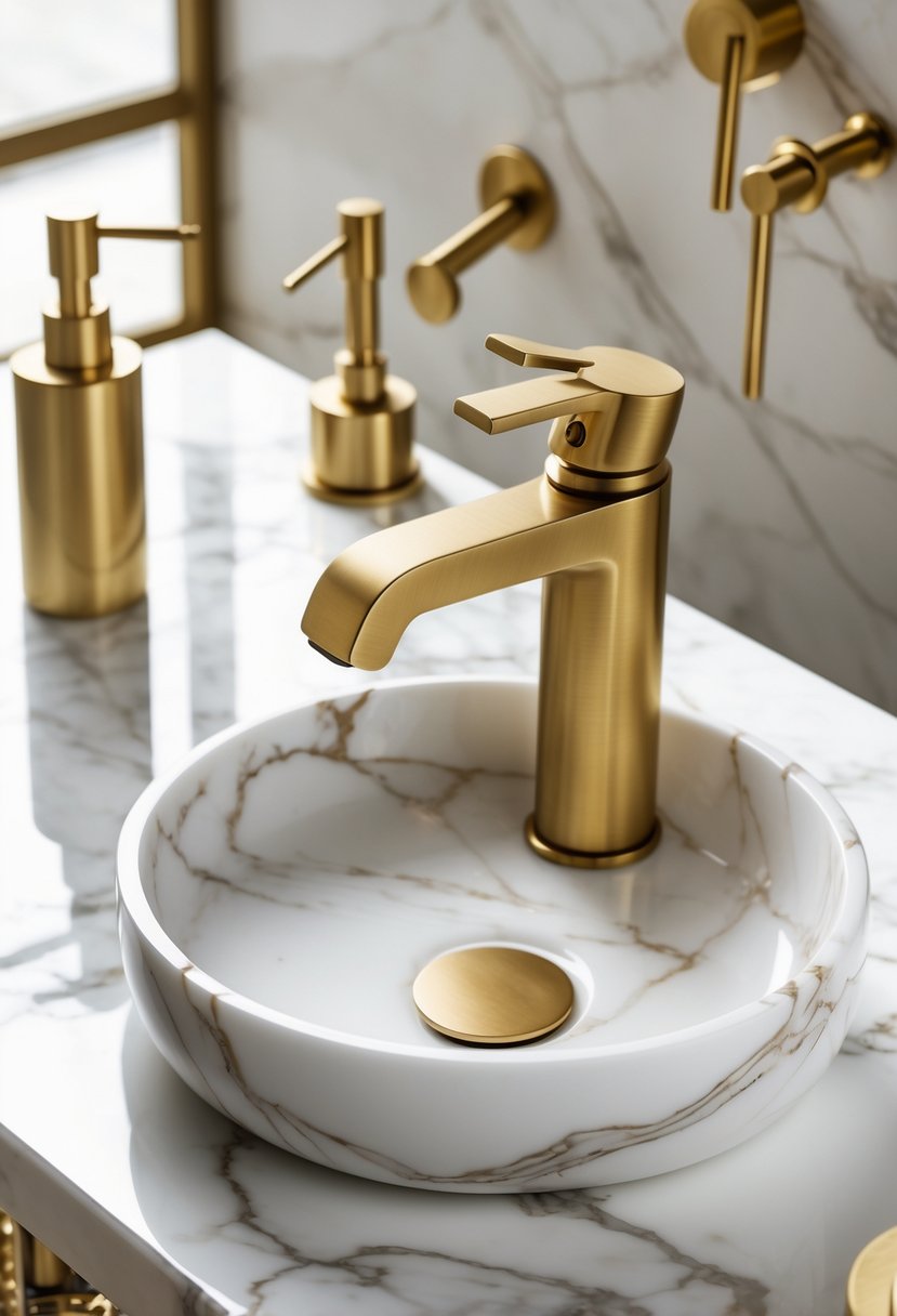 A bathroom sink with a brushed brass faucet set mounted on a white marble basin, surrounded by matching brass fixtures.