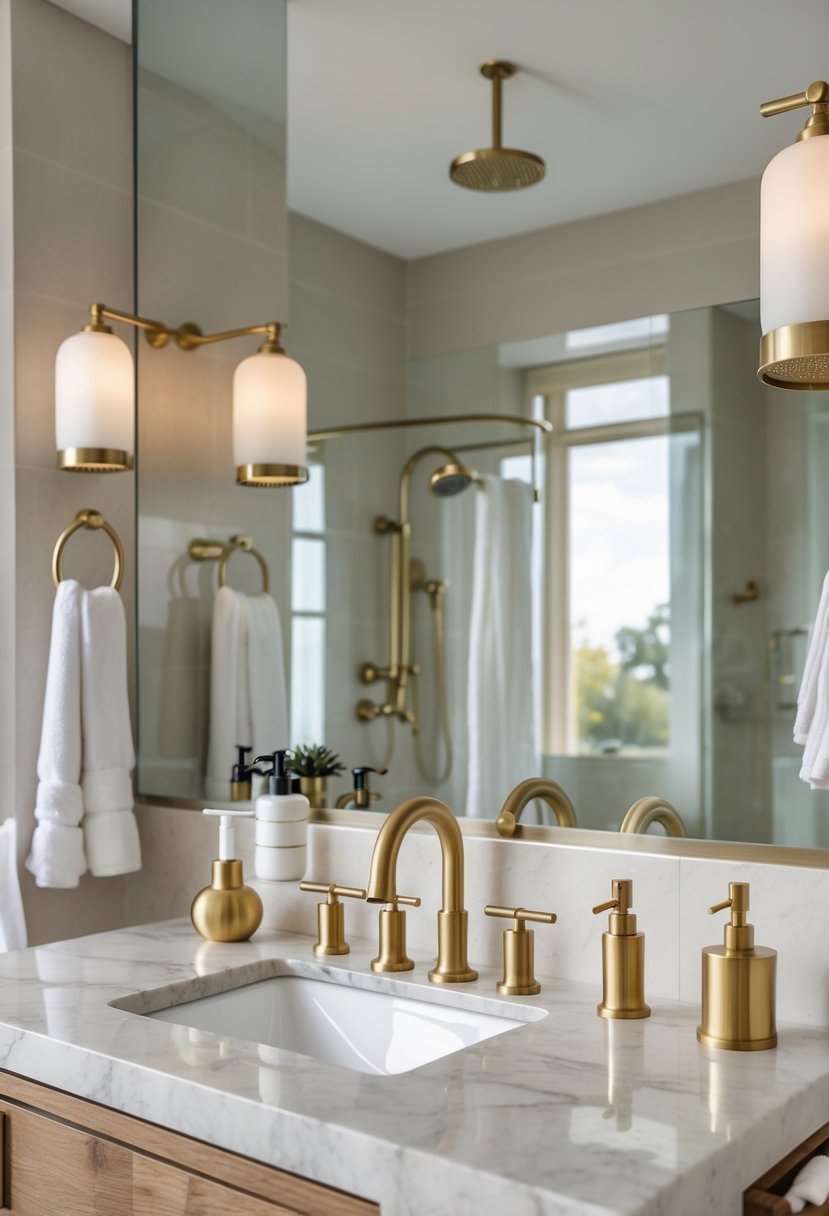 A modern bathroom with multiple brushed brass fixtures and accessories including faucets, towel bars, and showerheads.
