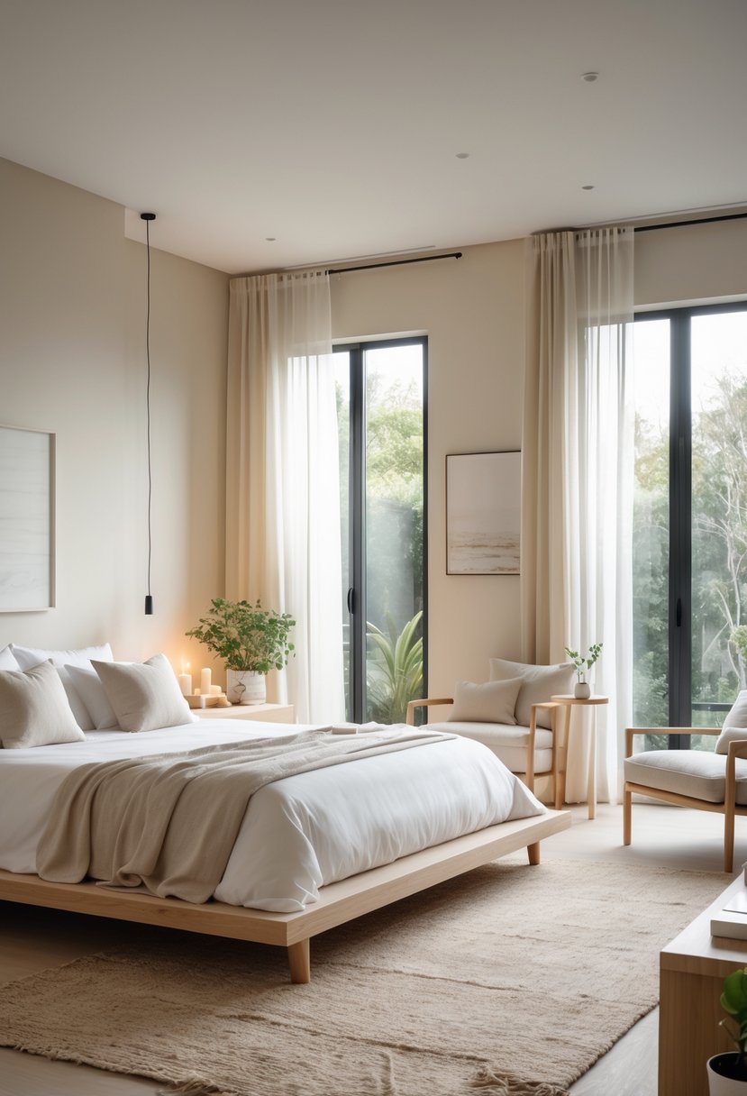 A bright and peaceful bedroom with a large bed, soft pillows, wooden furniture, indoor plants, and natural light streaming through sheer curtains.