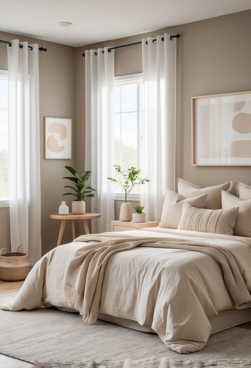 A calm bedroom with a neatly made bed, soft natural light, and simple decor including a plant and lamp on a nightstand.
