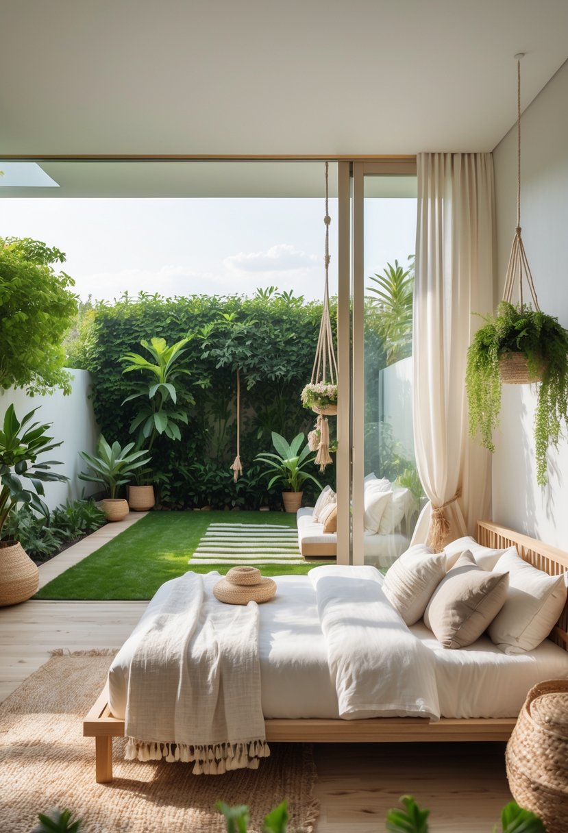 A bright bedroom with large windows overlooking a green garden, featuring natural wood furniture and several indoor plants.