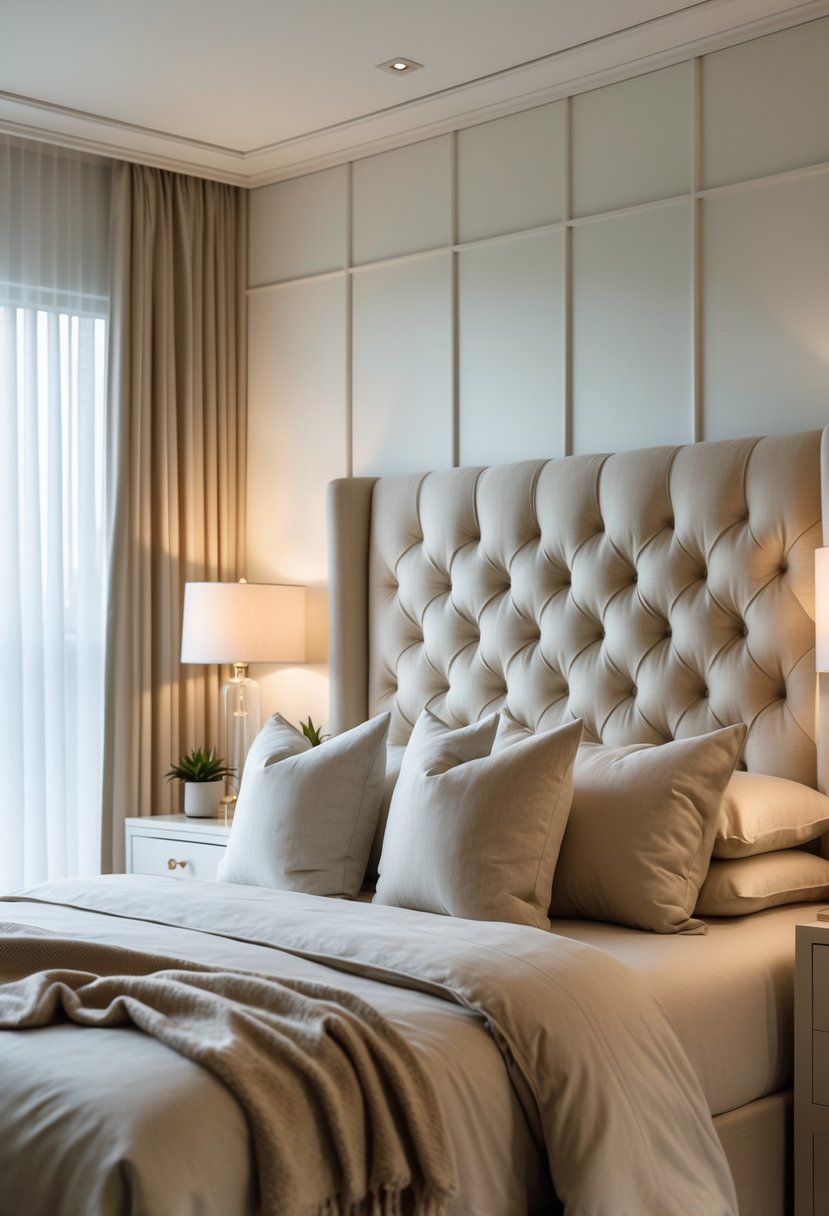 A bedroom with a large tufted headboard, a neatly made bed, bedside tables with lamps, and soft natural light coming through sheer curtains.