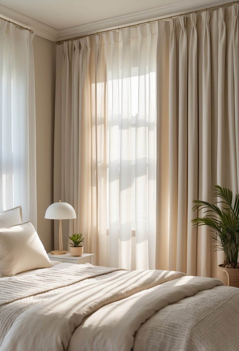 A bedroom with layered curtains filtering soft natural light over a neatly made bed and a cozy, peaceful atmosphere.