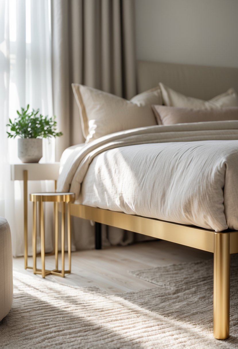 A peaceful bedroom with a cozy bed and furniture featuring brushed gold legs, softly lit by natural light.