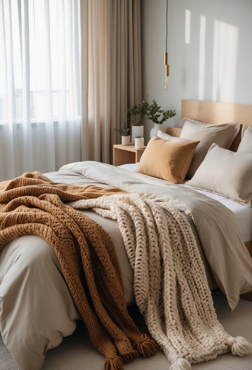 A cozy bedroom with a bed covered in chunky knit throws and soft pillows, bathed in natural light.