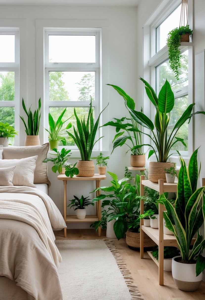 A peaceful bedroom with a bed, wooden furniture, and several green indoor plants placed around the room.