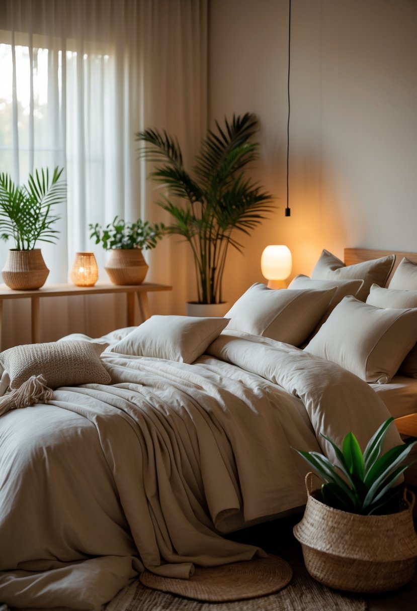 A calm bedroom with a neatly made bed, soft lighting, wooden furniture, and plants creating a peaceful atmosphere.