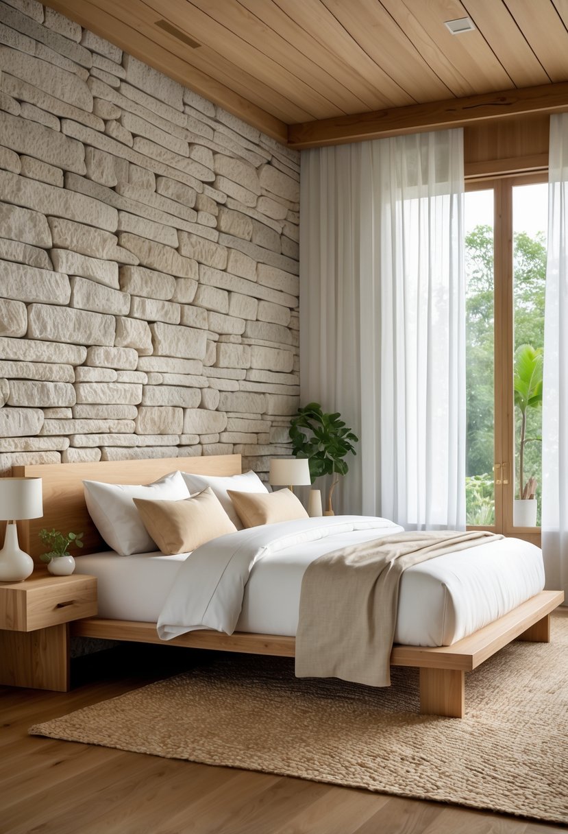 A bedroom with a wooden bed, stone wall, natural light, and simple wooden furniture.