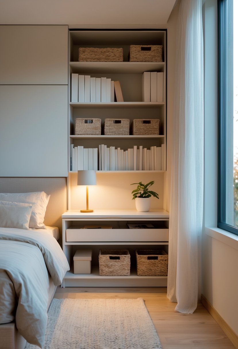 A bedroom corner with a bed, built-in shelves holding organized storage, a nightstand with a plant and lamp, and natural light coming through a window.